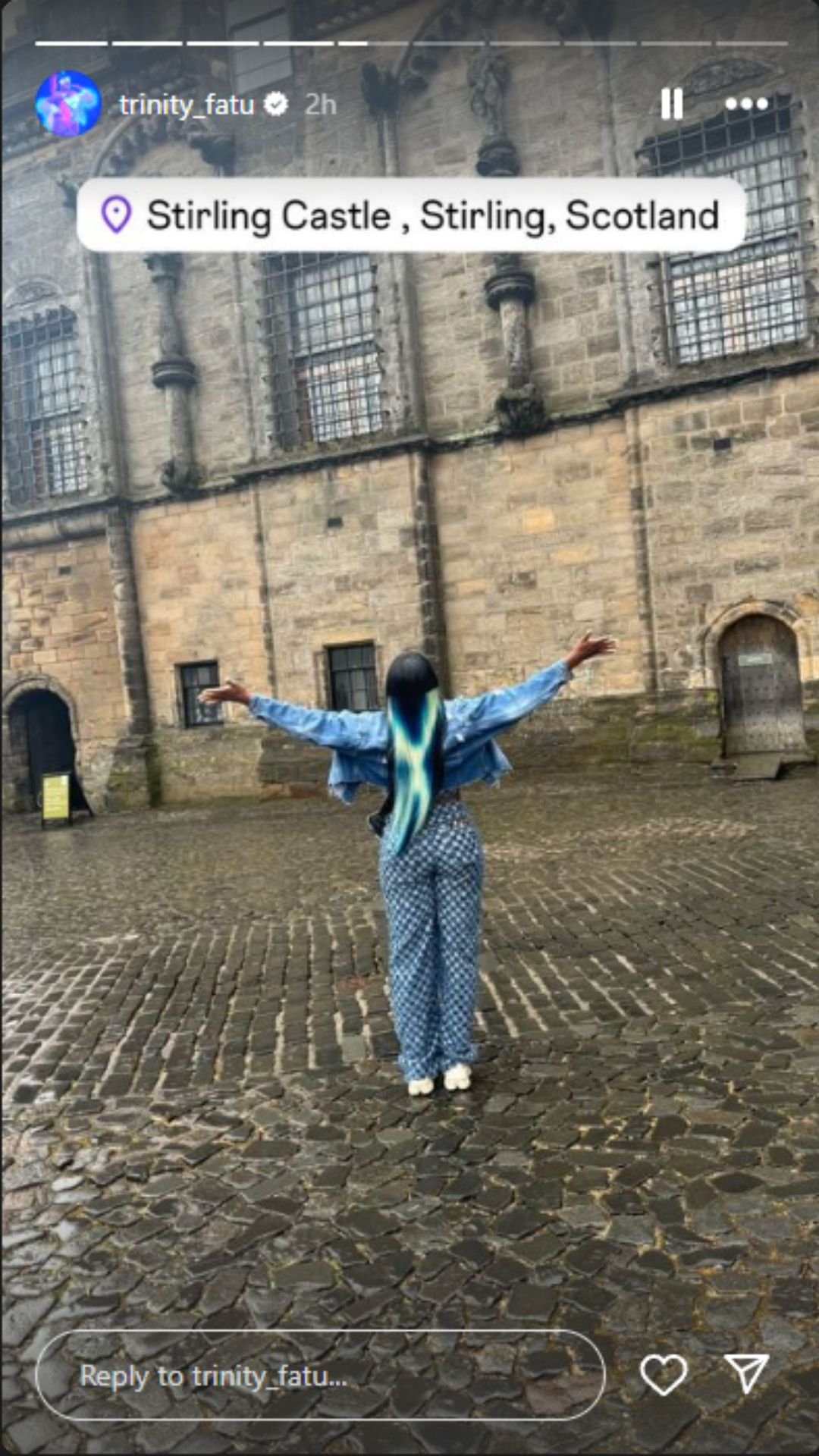 Naomi in Scotland with Scottish flag hair