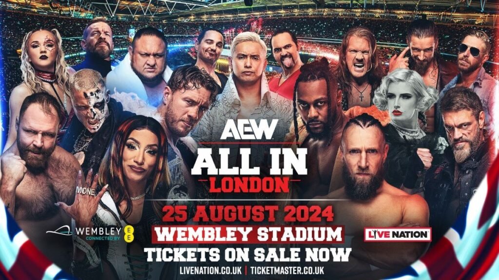Old AEW All In London poster featuring Adam Copeland and Julia Hart